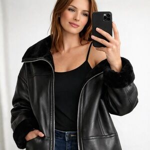 REBECCA MINKOFF VEGAN BLACK LEATHER FAUX FUR LONG CAR COAT PATCH POCKETS SIZE XL